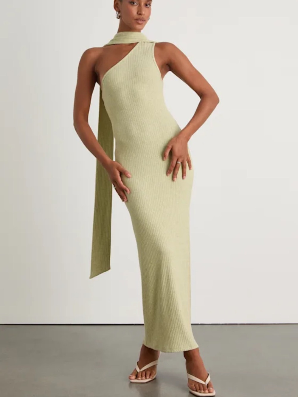 NWT - Lulus Venna Heathered Sage One-Shoulder Scarf Maxi Dress - Summer, Green